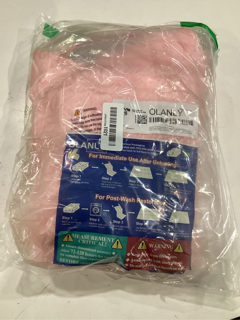 Condition photo showing New/Like New for olanly pink round rugs for bedroom - machine washable, 2 ft circle area rugs for living room, soft and fluffy shaggy carpet for teen girls and boys, nursery rooms, dorms, home decor aesthetic 2 ft round pink