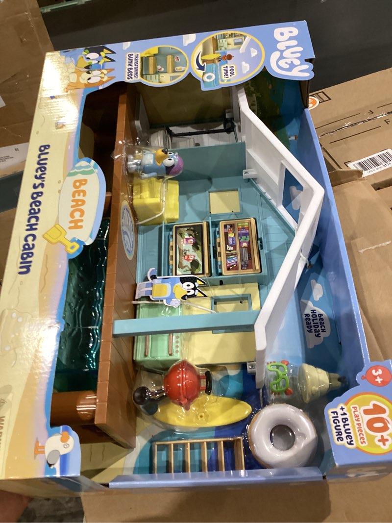 Condition photo showing New/Like New for bluey beach cabin playset, 10”, customizable toddler house playset with 10 play pieces and 2.5” goggles figure, toy houses for kids ages 3+ 4 - beach cabin