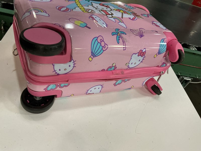 Condition photo showing As Is for ful hello kitty 19 inch carry on luggage, kids ride on suitcase with spinner wheels, hardshell rolling travel trolley, pink 19 inch pink