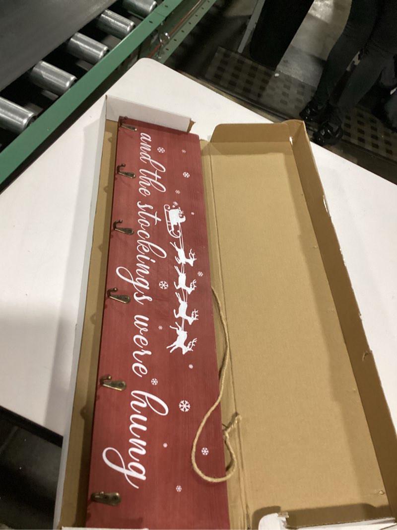 Condition photo showing As Is for Christmas Stocking Holder, The Stocking were Hung Wood Hanging Sign, Stocking Holder for Wall, Xmas Stocking Holder with 6 Hangers for Fireplace Mantel, 24 inch,Red