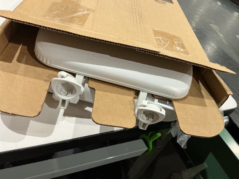 Condition photo showing As Is for mayfair padded toilet seat, cushioned soft vinyl over wood core seat, secure hinges, easy clean, made in usa, elongated, white elongated white toilet seat
