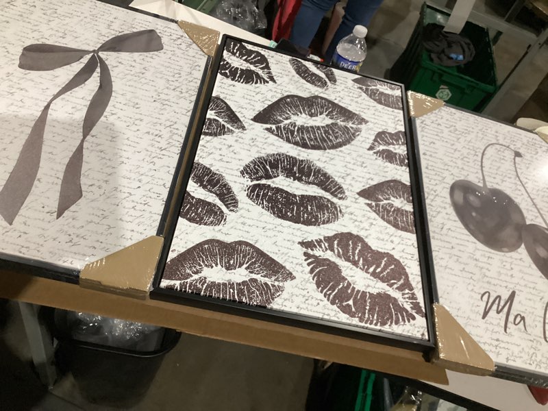 Condition photo showing Good Condition for 3pcs fashion black white lips and cherry canvas wall art vintage girl funky aesthetic bow wall decor ma cherie dark coquette posters prints for neutral preppy apartment girl room12x16in unframed (poster, 12x16inx3pcs)