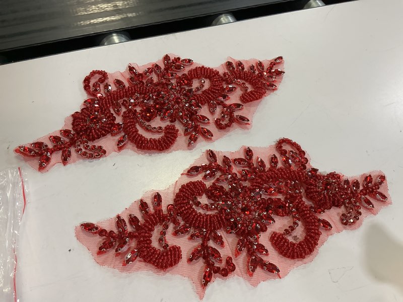 Condition photo showing Good Condition for handmade shining acrylic rhinestones on lace applique sewing beads stones trim patches accessories for wedding dress 4.3x 23.6inches (red)
