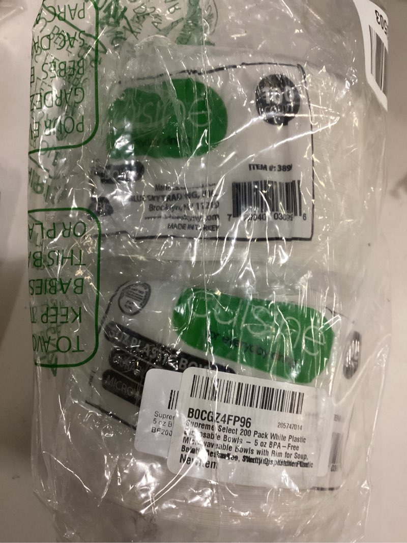 Condition photo showing New/Like New for 200 Pack White Plastic Disposable Bowls – 5 oz BPA-Free Microwaveable Bowls with Rim for Soup, Salad, Dessert – Sturdy Disposable Plastic Bowls for Parties, Weddings, Kitchen Use 1 5 Oz Round