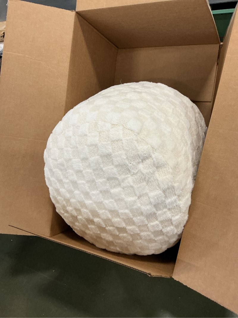 Condition photo showing As Is for HIGOGOGO Round Stuffed Pouf Ottoman, Plaid Poufs with Foam Chunk Filling, Fluffy and Furry Pouf Foot Stool Storage Ottoman, 20 X 15 Floor Poufs Foot Rest for Living Room, Beige