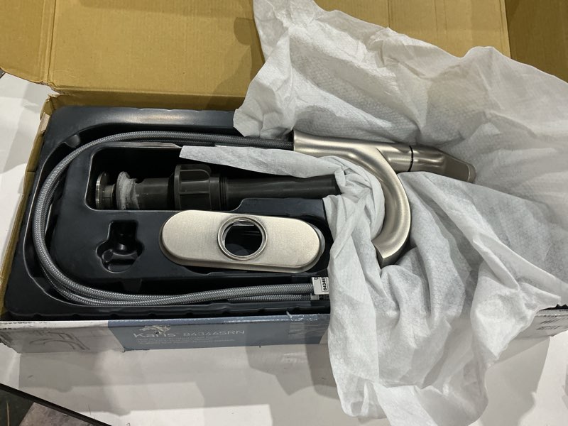 Condition photo showing As Is for moen karis spot resist brushed nickel one-handle single hole bathroom sink faucet with optional deck plate, 84346srn