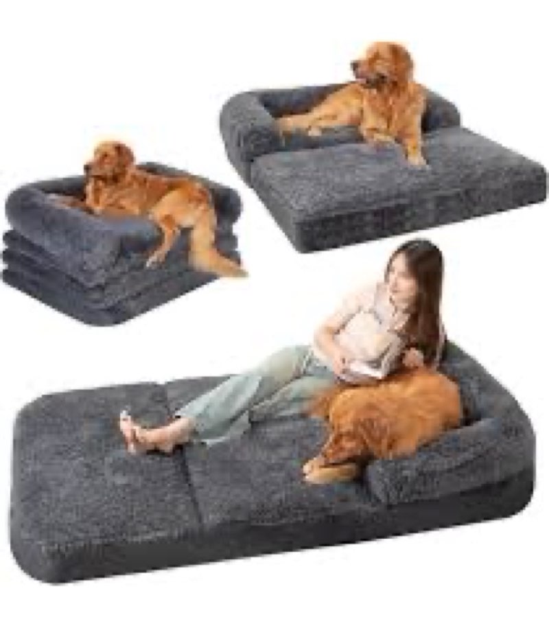 foldable human dog sofa bed, 73x42x10 in faux fur orthopedic pet bed with egg foam mattress, portabl