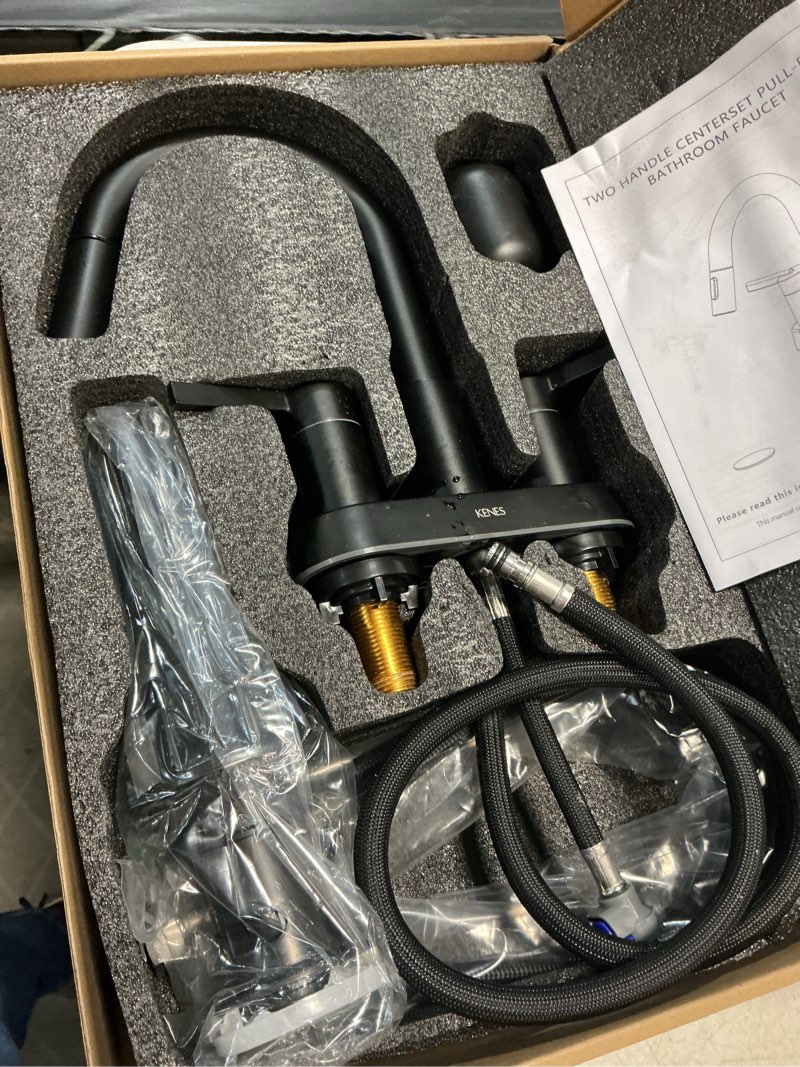 Condition photo showing As Is for kenes matte black centerset bathroom faucet with pull out sprayer, 4 inch 2 handle pull down bathroom faucet 3 hole, bathroom sink faucet with pop up drain & supply lines lj-9069-2