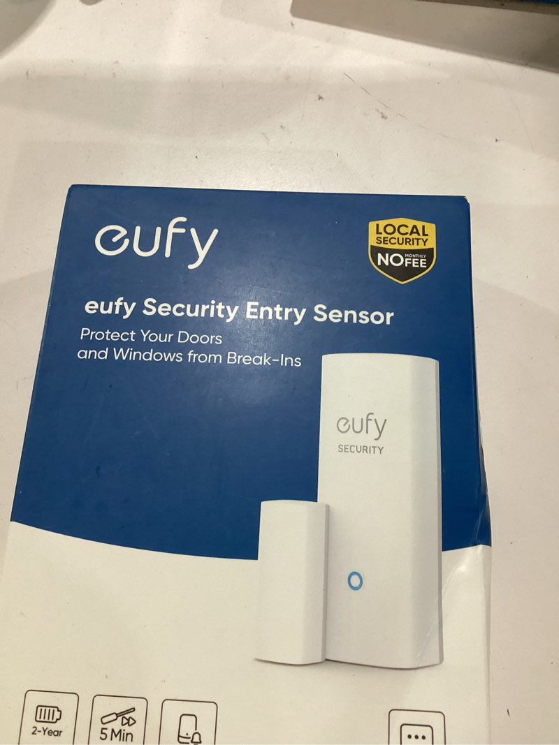 Condition photo showing New/Like New for eufy security, entry sensor, detects opened and closed doors or windows, sends alerts, triggers siren, 2-year battery life, indoor-use only, requires homebase, optional 24/7 protection service