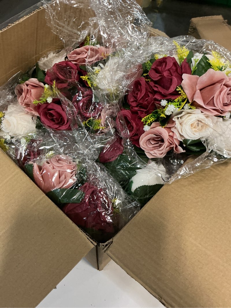 Condition photo showing Good Condition for NUPTIO Artificial Flower Centrepieces for Tables - 10 Pcs Burgundy & Dusty Rose & Creamy White Fake Flowers Roses Balls 9.5in Diam - Silk Faux Rose Arrangement for Wedding Party Table Decor