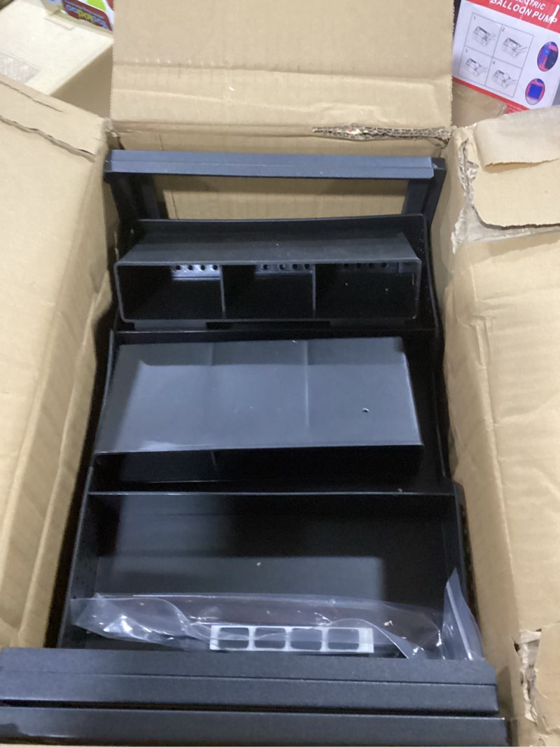 Condition photo showing Good Condition for opnice desk organizers and accessories, dual monitor stand riser with drawer and 2 pen holders, desk shelf metal computer racks for office workspace organizers, desktop organization (black) metal black with drawer and pen holder