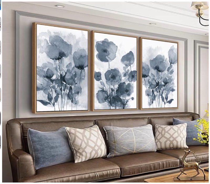  artewoods botanical framed wall art - abstract watercolor style pictures grey blue floral wall decor minimalist prints aesthetic flowers painting artwork 24" x 36" set of 3 natural framed