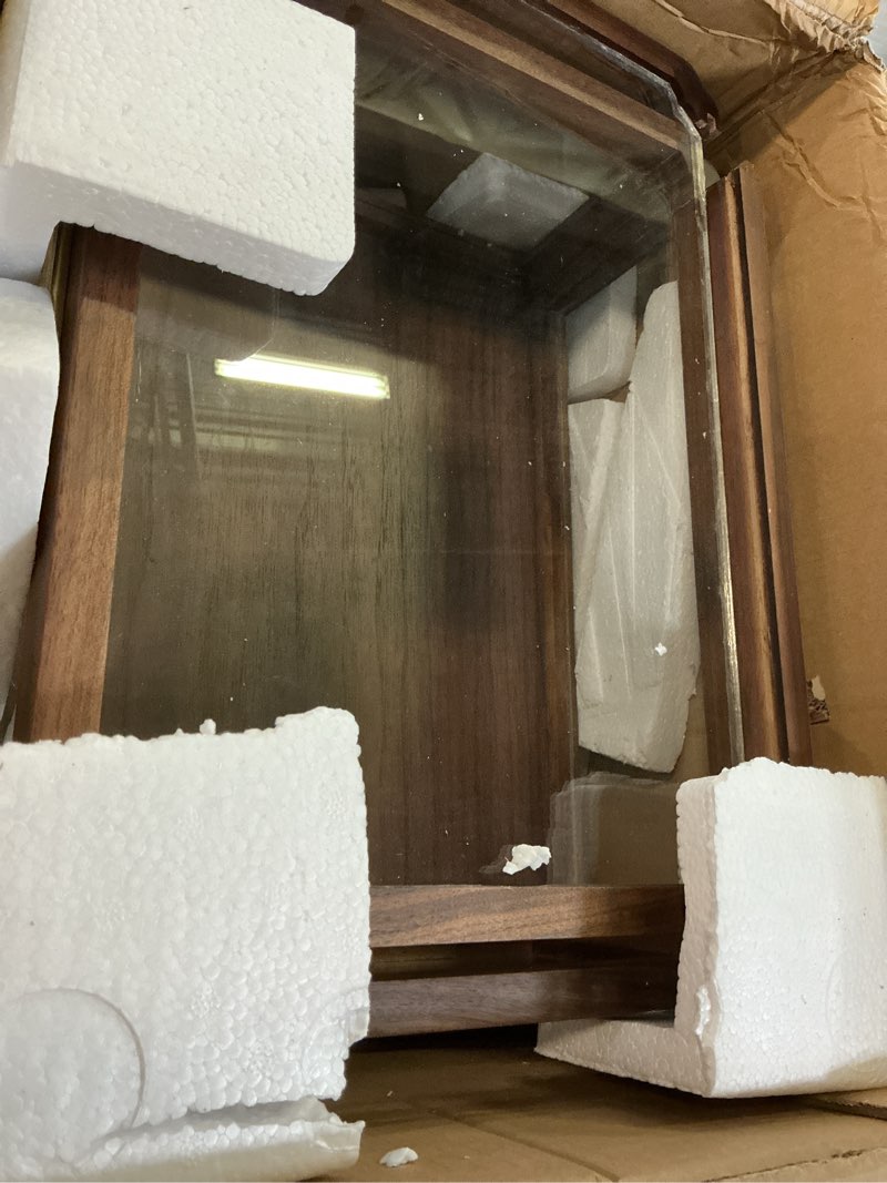 Condition photo showing As Is for walnut wood & glass storage cabinets desktop organizers countertop with drawers (syj-scwd02)