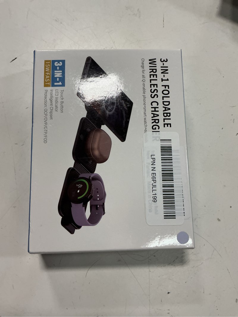 Condition photo showing New/Like New for travel charger for samsung multi devices, foldable 3 in 1 wireless charging station fast charging stand/pad compatible for samsung galaxy s25/s24/s23/s22/s21/note20 galaxy watch8/7/6/5/4/galaxy buds4 violet