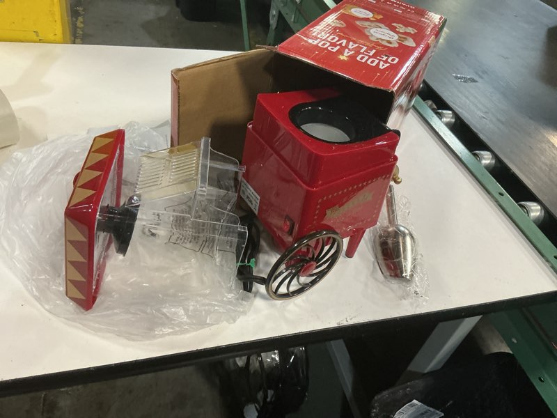 Condition photo showing As Is for popcorn machine, hot air popcorn maker kit gift box, portable home popcorn popper machine, 10-cup,oil-free,retro style,compact and cute christmas red