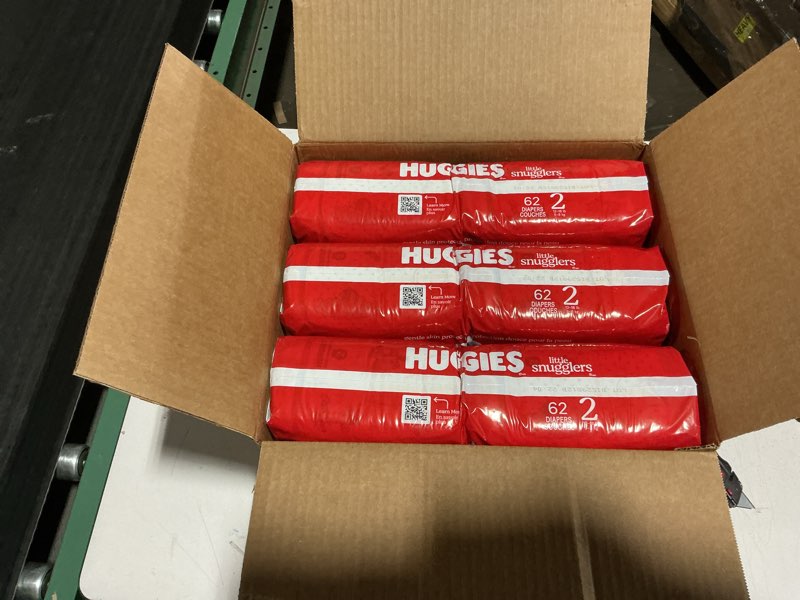 Condition photo showing New/Like New for huggies size 2 diapers, little snugglers baby diapers, size 2 (12-18 lbs), 186 count (3 packs of 62), packaging may vary