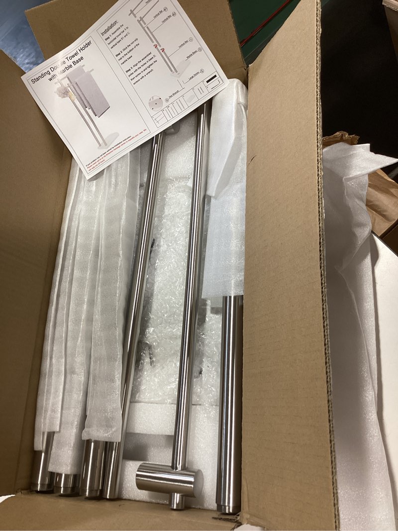 Condition photo showing Good Condition for livabber standing towel rack, 304 stainless steel 2-tier towel holder stand with marble base, modern stylish tall shower towel bar for bathroom accessories, pool?brushed nickel?