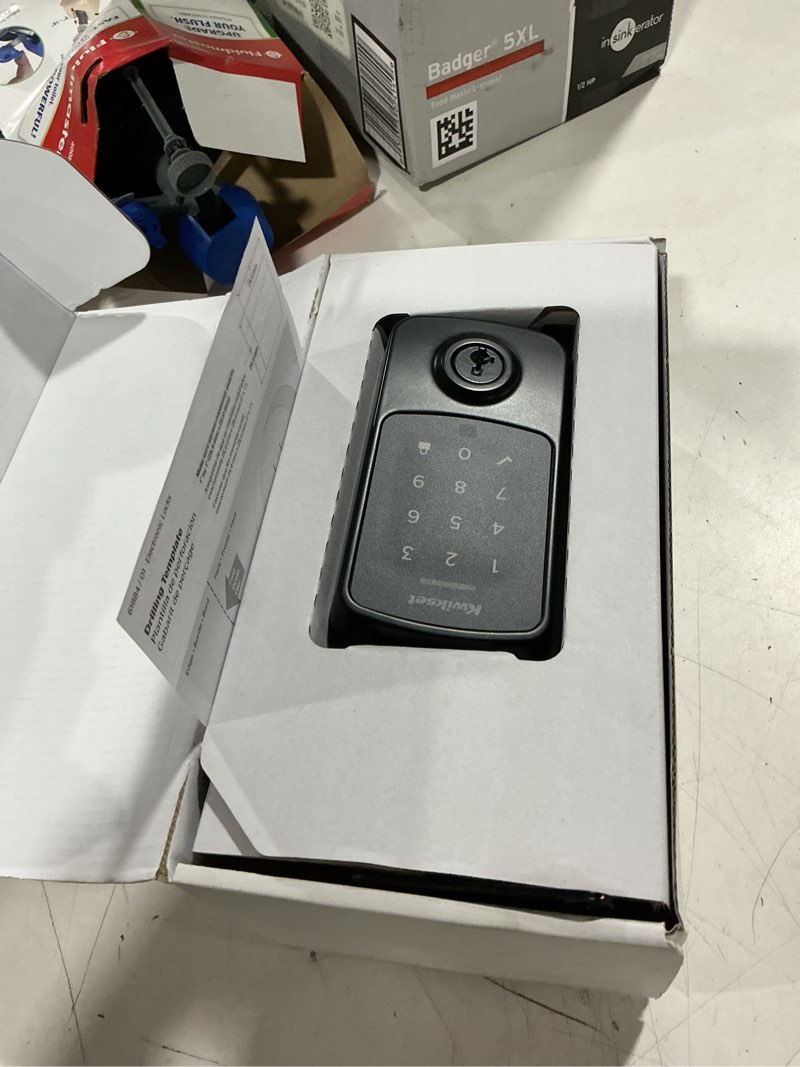 Condition photo showing As Is for kwikset aura reach matte black bluetooth + matter over thread enabled smart lock deadbolt with smart home integration