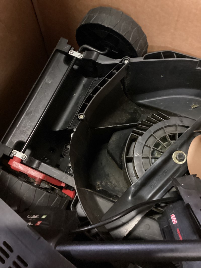 Condition photo showing As Is for mzk 20v 13" electric lawn mower, brushless cordless lawn mower with 4-position height adjustment, walk-behind push mowers with 8 gallon grass bag, 2 x 4.0ah batteries & charger included, lm13b8 red
