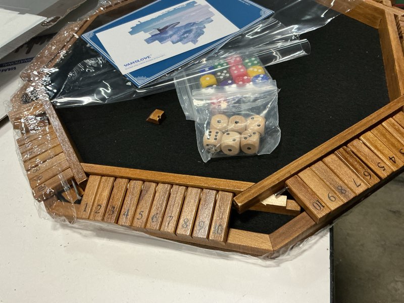 Condition photo showing As Is for vamslove upgraded 2-8 players shut the box dice game-8-way wooden board table math game with 16+6 dices - close the box game for adults families party club (instruction included)
