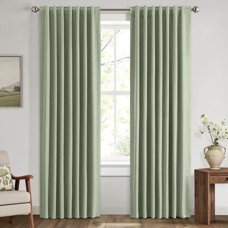 MIULEE 100% Blackout Linen Curtains for Bedroom, Sage Green Solid Luxury Decor Thermal Insulation Ro