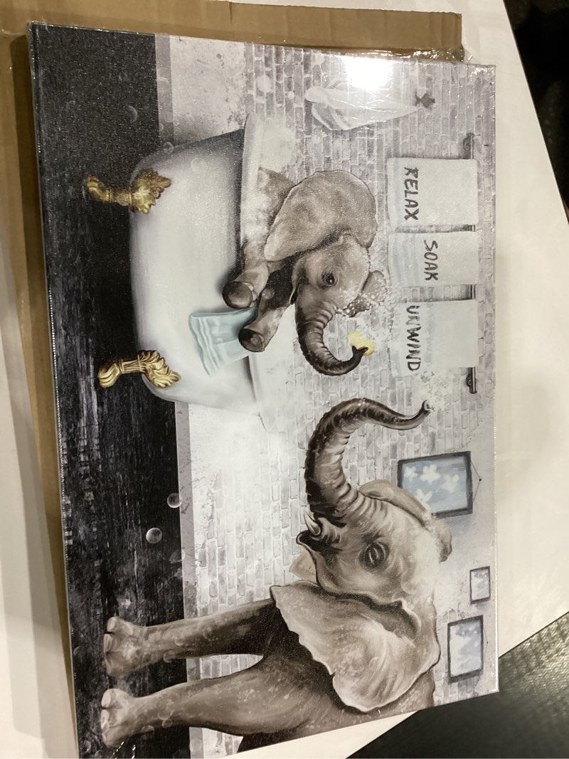 Condition photo showing New/Like New for Artsbay Elephant Bathroom Wall Art Animal In Bathtub Pictures Funny Bathroom Canvas Prints Artwork For Kids Nursery Washroom 16x24inches