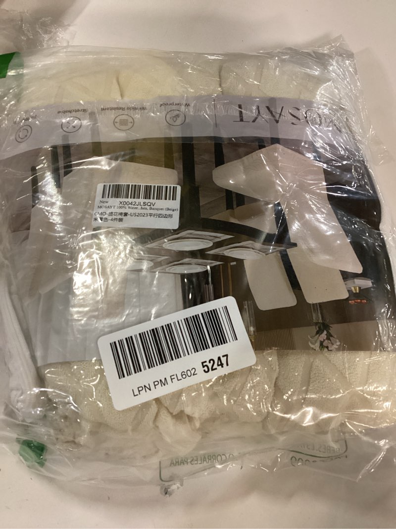 Condition photo showing As Is for MOSAYT 100% Waterproof Dining Room Chair Covers Set of 4, Super Fit Stretch Jacquard Parson Chairs Slipcovers Removable Washable Chair Seat Protectors for Home, Kitchen, Banquet (Beige) Diamond-beige L - 4 Pack