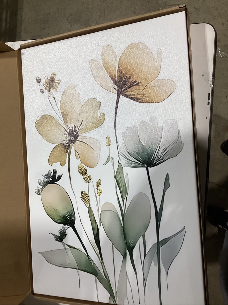 Condition photo showing As Is for framed sage green botanical canvas wall art set of 3 boho floral wall decor paintings minimalist flower posters prints pictures for bedroom bathroom living room home decor 16x24 inch green flower canvas wrapped canvas 24x16