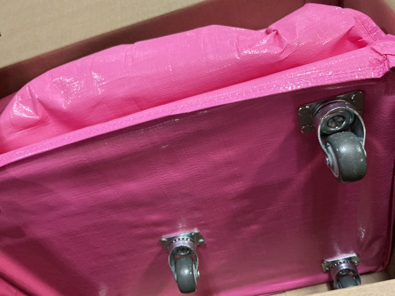 Condition photo showing As Is for workpro large rolling grocery bag, 36-gallon tote with 5 wheels, 110 lbs capacity, dual carry, wide zipper & extra storage for shopping, laundry & moving pink large