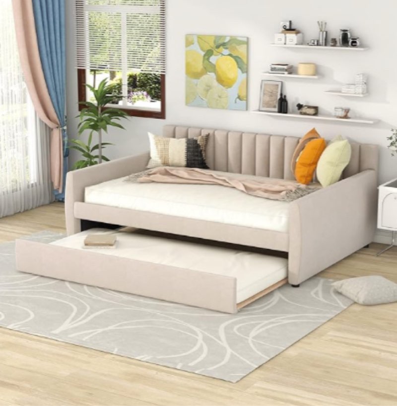 Linique Full Size Upholstered Daybed with Twin Trundle, Wooden Velvet Fabrics Sofa Bed with Vertical Stripes Design Backrest, Wood Slat Support, Beige (incomplete box 2 of 2 only)