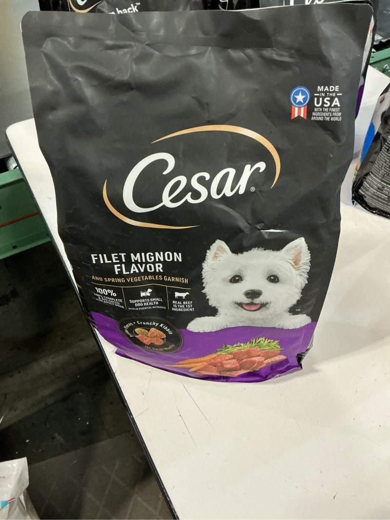 Condition photo showing Good Condition for ( best by 09/28/25)cesar small breed dry dog food for small dogs, filet mignon flavor and spring vegetables garnish, 5 lb bag