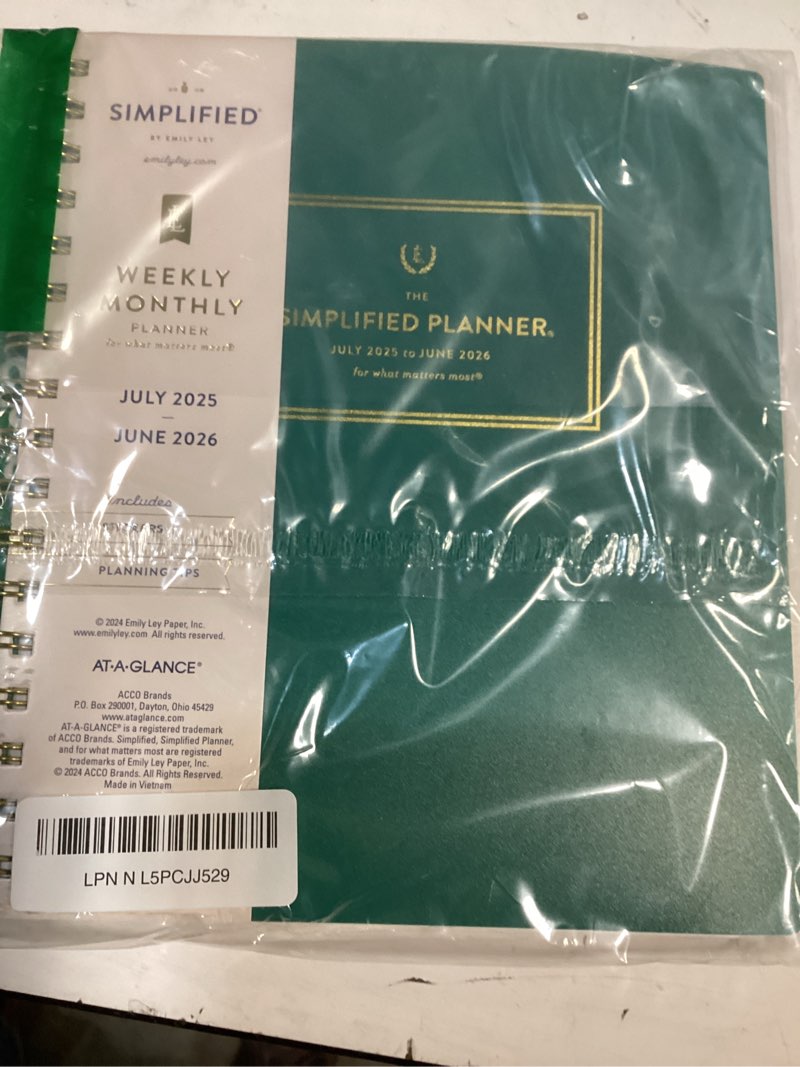Condition photo showing New/Like New for AT-A-GLANCE Planner 2025-2026 Academic, Simplified by Emily Ley, Weekly & Monthly, 7" x 8-3/4", Medium, Monthly Tabs, Green (EL40-805A-26)