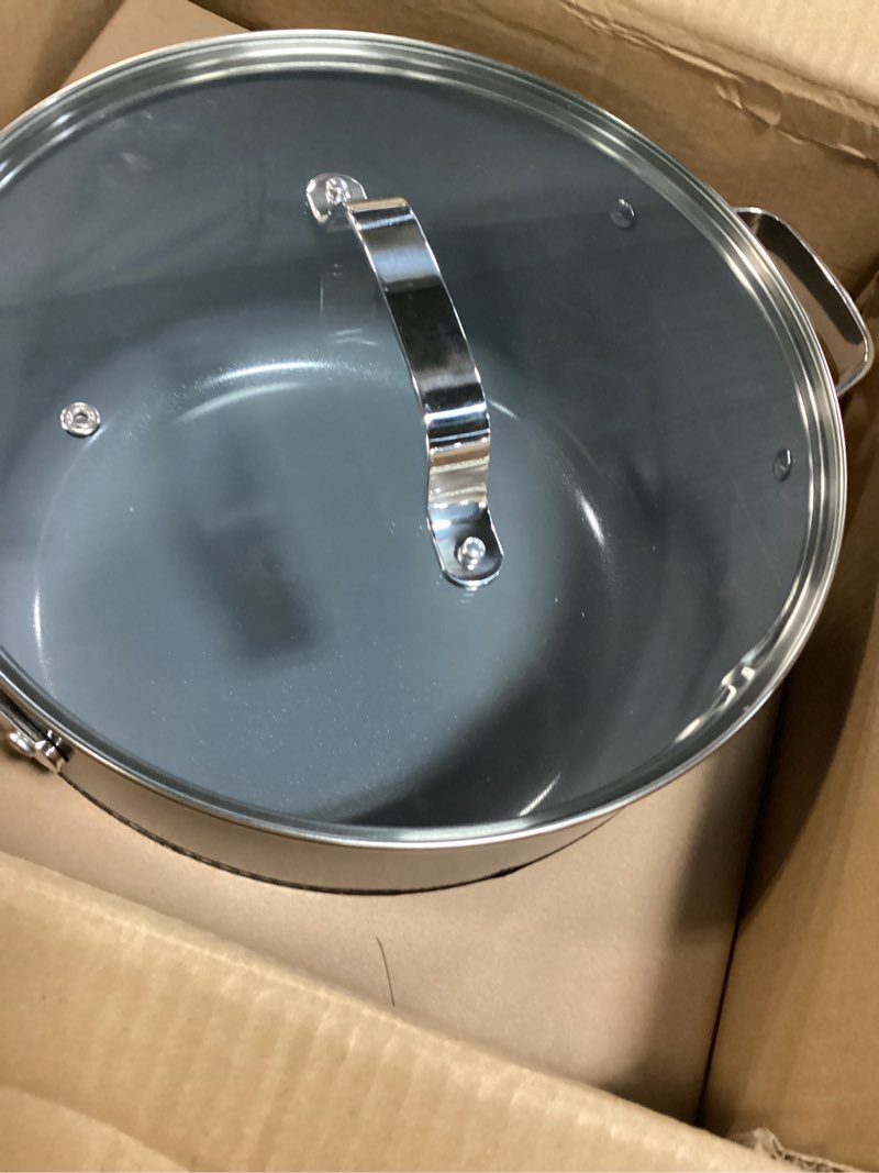 Condition photo showing New/Like New for bakken 12.5 quart ceramic coated stock pot with lid, easy clean nonstick pot, tempered glass lid, riveted stainless steel handles, oven safe up to 500°f, ptfe & pfas free, all stove compatible, black black 13.2 quarts