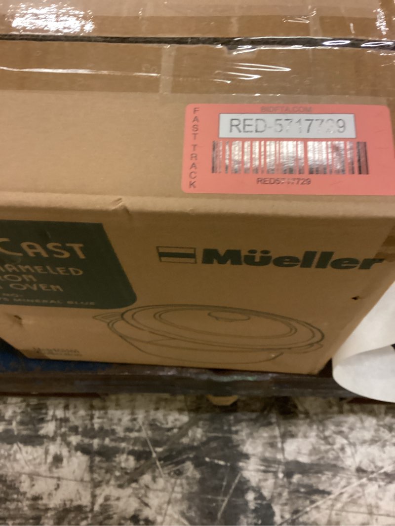 Condition photo showing New/Like New for mueller 6qt enameled cast iron dutch oven, heavy-duty casserole and braiser pan with lid and knob, oven-safe up to 500° f & across all cooktops, aqua blue