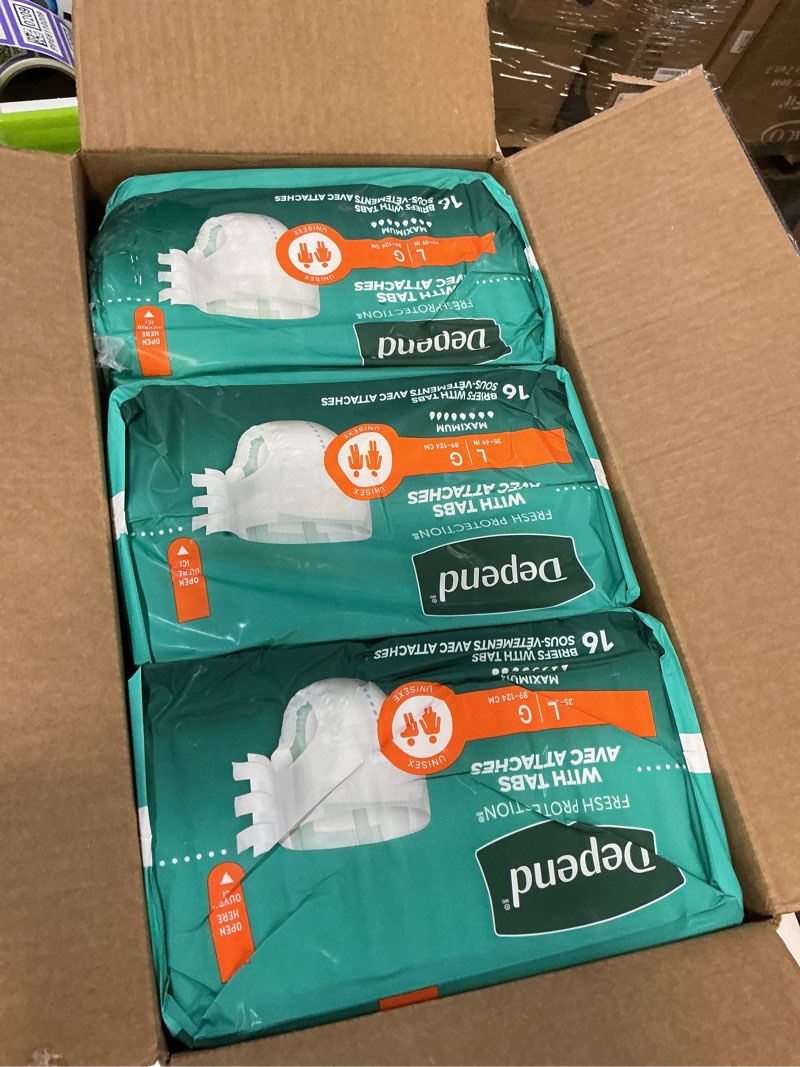 Condition photo showing New/Like New for depend incontinence protection with tabs, unisex, large (35–49" waist, over 170 lbs), maximum absorbency, 48 count (3 packs of 16) large (48 count)