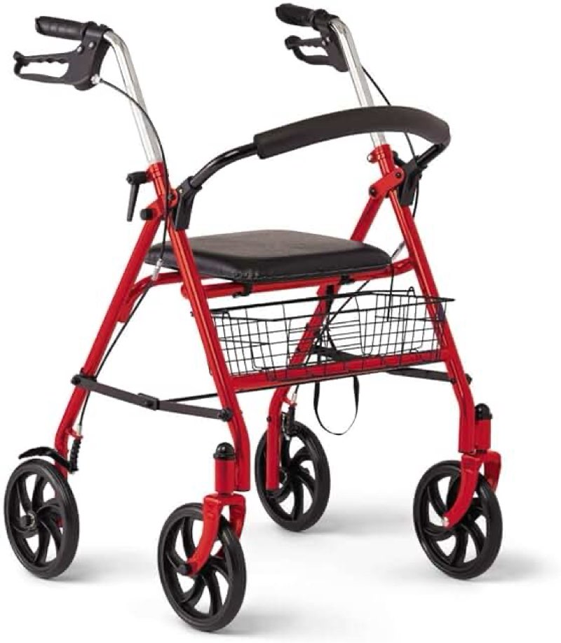 Medline Steel Rollator Walker with Seat  Red  300 lb. Weight Capacity  8” Wheels  Foldable  Adjustable Handles