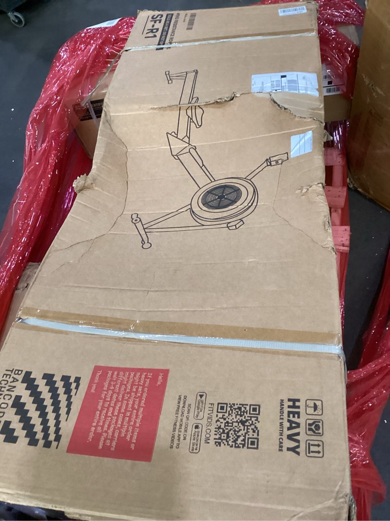 Condition photo showing As Is for fitvids rowing machine for home, professional indoor rowers, wind resistance rowers with lcd display, adjustable air resistance, comfortable seat cushion, easy storage graphite 95"d x 24"w x 15"h