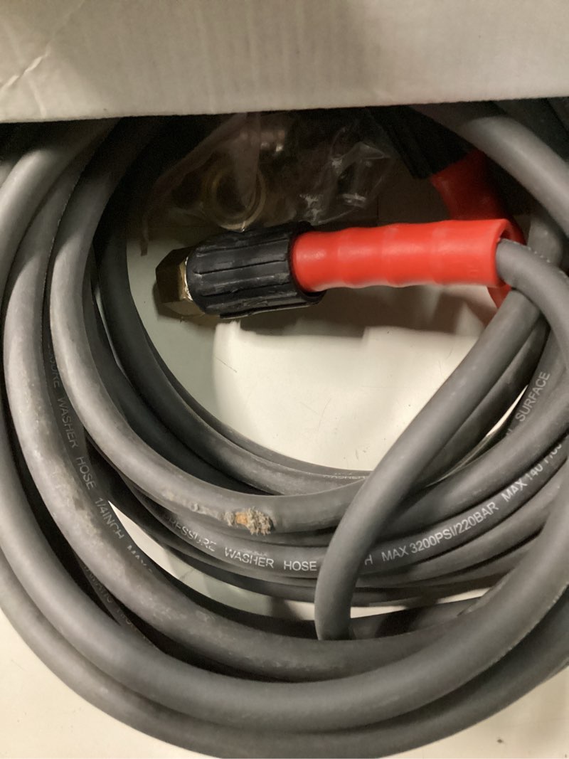 Condition photo showing As Is for yamatic upgraded flexible pressure washer hose 50ft 1/4", 3200 psi non-kink replacement with m22-14mm & 3/8" quick connect adapters, extension for gas power washer troy-bilt ryobi honda craftsman gray 50ft