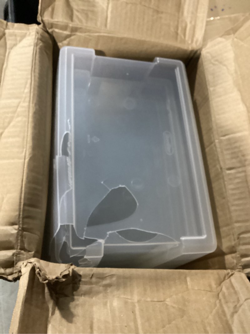 Condition photo showing Good Condition for Sterilite 20 Qt Gasket Box, Stackable Storage Bin with Latching Lid and Tight Seal, Plastic Container to Organize Basement, Clear Base and Lid, 6-Pack