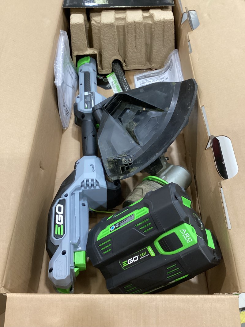 Condition photo showing As Is for ego power + powerload with line iq 56-volt 16-in telescopic shaft battery string trimmer 4 ah (battery and charger included)