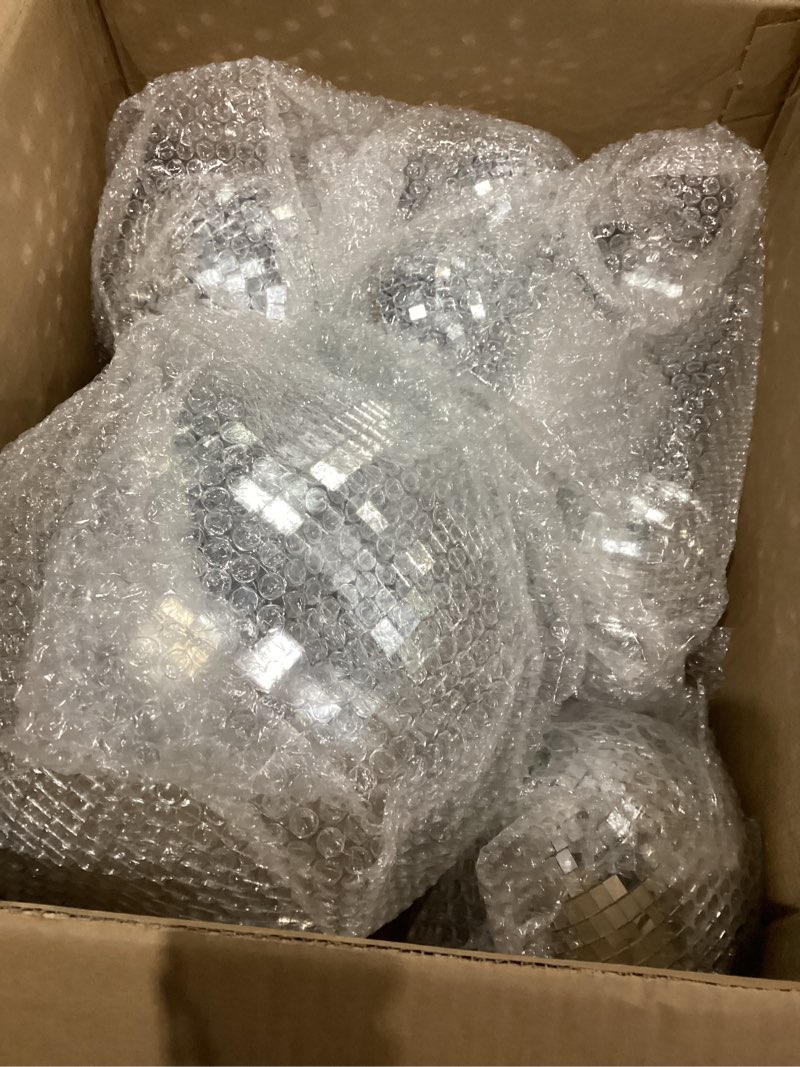 Condition photo showing Good Condition for Haull 8 Pcs Large Disco Ball Set Silver Mirror Disco Reflective Ball with Hanging Ring Party Ornament Decoration for Stage Club Ballroom Dance Hall Wedding Prom Props(12'', 8'', 6'', 4'')