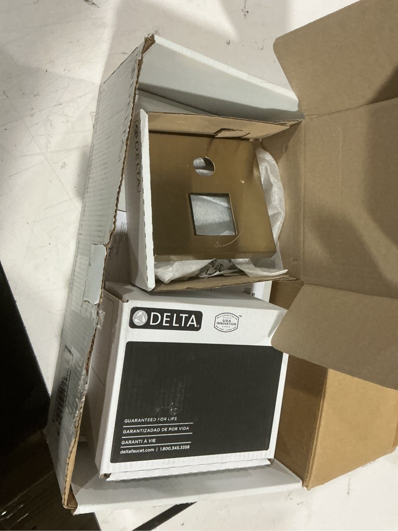 Condition photo showing As Is for delta modern 14 series square rain shower system faucet set, rainfall brushed gold shower head and handle set, valve trim kit, 10 inch, champagne bronze 342701-cz