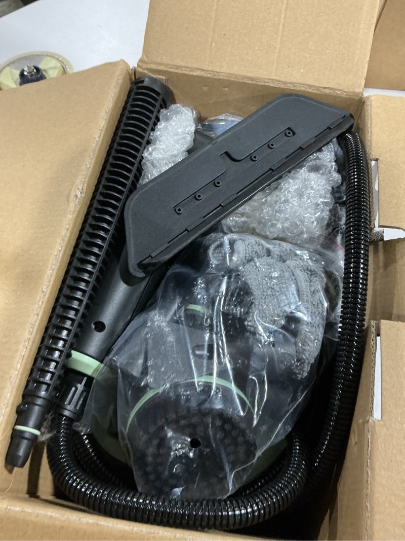Condition photo showing Good Condition for steam cleaner, portable steamer for cleaning with 16pcs accessories, 6-level adjustable and 15s heat-up, handheld steam cleaner for home, tile, dirt, grout, grease, car detailing green
