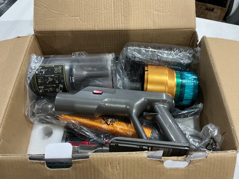 Condition photo showing As Is for mbyulo cordless vacuum cleaner for home 600w 60kpa upgraded powerful stick vacuum up to 75mins, anti-tangle & wall mount charging, 8 in 1 lightweight vacuum cleaners for home/pet hair/carpets/floors gold 600