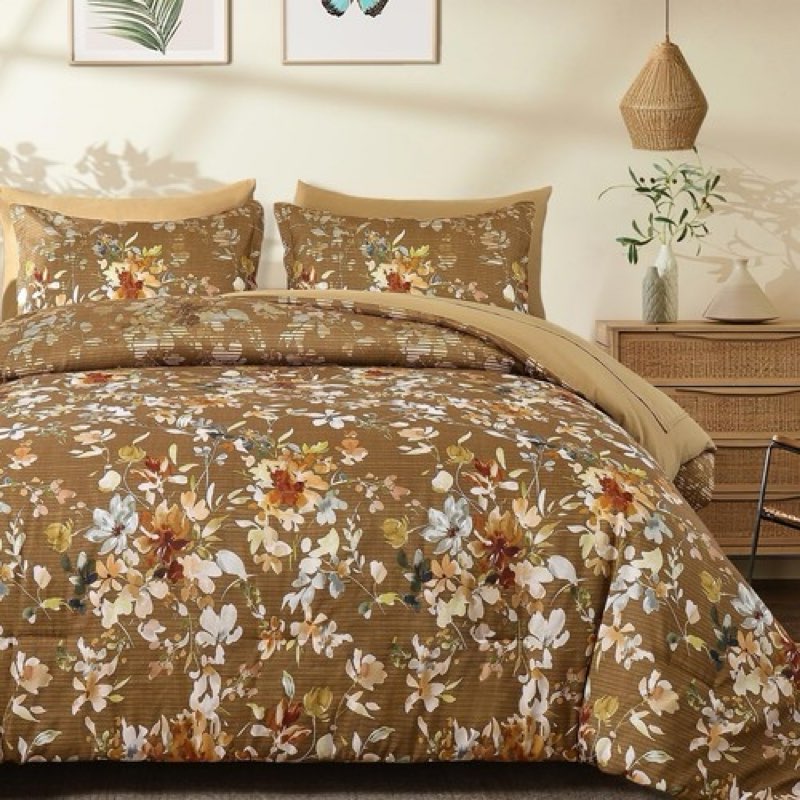 BLOOMHAVEN Full Size Comforter Sets-7 Pieces Puff Brown Floral Bedding Set for All Seasons, Shabby C