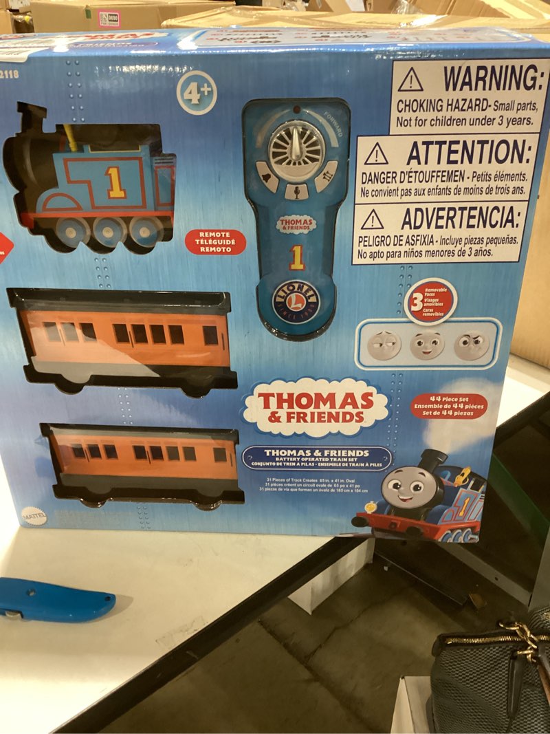Condition photo showing As Is for Lionel Mattel Thomas & Friends Battery O Gauge Toy Train Set with Remote, Locomotive, Train Cars, & Track with Authentic Train Sounds, Lights, & Water Vapor Smoke Effects for Kids 4+