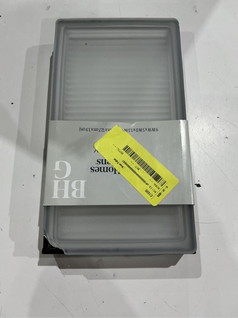 Condition photo showing As Is for bettér homes & gardens ribbed glass and metal tray white mith rlack accents copy select all s ribbed glass and metal tray brings a stylish and functional upgrade tor your bath