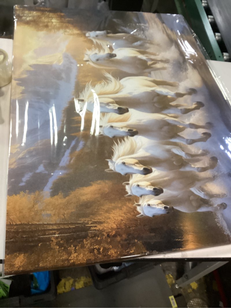 Condition photo showing New/Like New for ANRUOXI Horse Pictures Wall Decor, 7 Running Horses Wall Art Vastu With Frame, Horse Posters Canvas Wall Art, Seven Horses Running Painting Vastu Shastra for Living Room Office Ready To Hang 28x40'' Horses Wall Art - 42 40"L x 28"W
