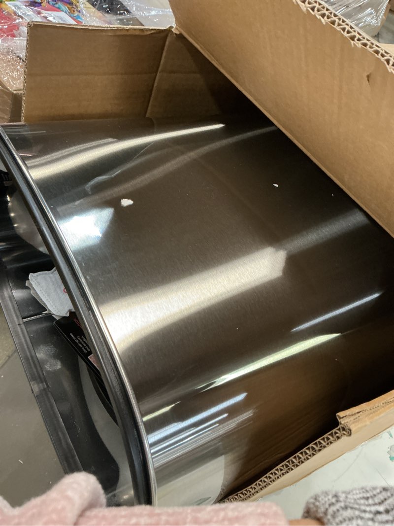 Condition photo showing Good Condition for iTouchless 13 Gallon Oval Sensor Trash Can with Odor Filter, Automatic Motion Sensor Kitchen Bin, Soft-Close Stainless Steel, Slim Curved Wastebasket for Narrow Walkways & Islands, Matte Silver Light Silver, Black