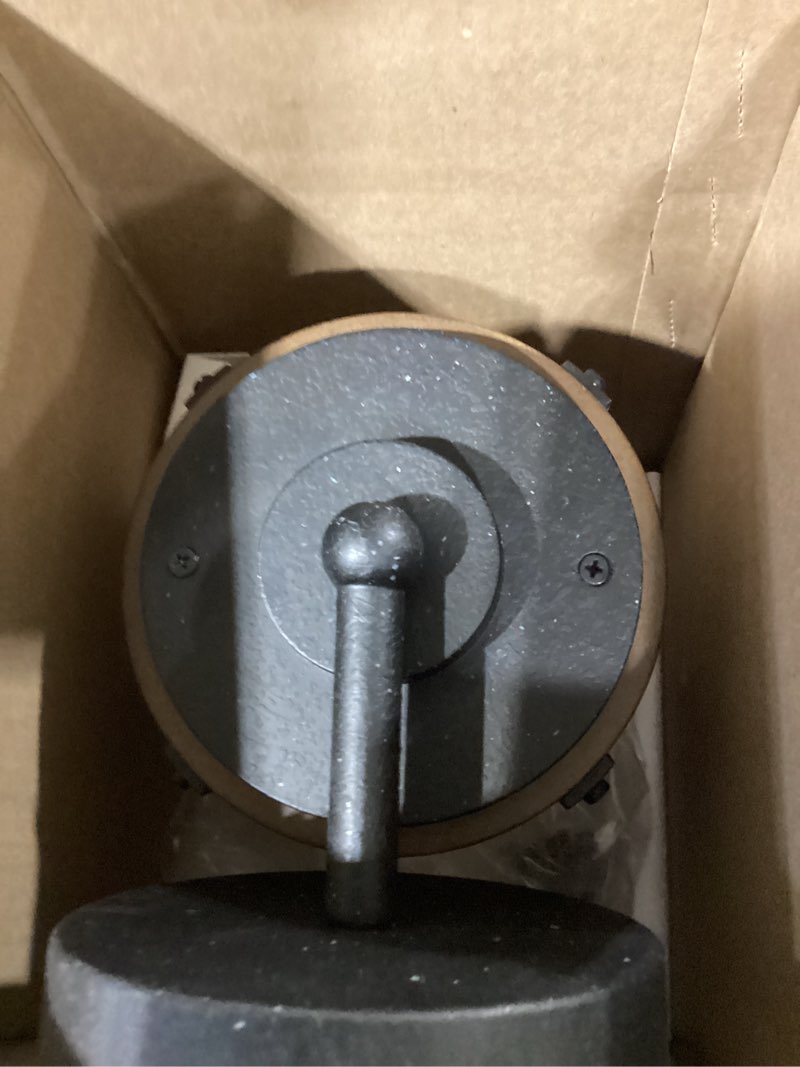Condition photo showing As Is for kichler lighting barrington distressed black and wood outdoor wall light, 16" h